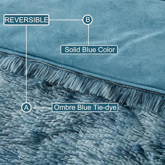WINLIFE Shaggy Bedding Comforter Set Full Blue Faux Fur Flannel Furry Comforter Plush Comforter Sets Gradient Ombre Tie Dye Bedding for Teens Adults (3Pcs, Full, Smoke Blue) - LeafyLoom