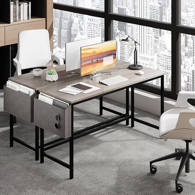 Shintenchi 55 inch Computer Desk with Storage Bag, Study Workstation Modern Simple Design for Home Office, Student Writing Desk, Office Working Desk, Gray - LeafyLoom