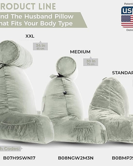 Husband Pillow XXL Desert Sage Backrest with Arms - Adult Reading Pillow Shredded Memory Foam, Ultra-Comfy Removable Microplush Cover & Detachable Neck Roll, Unmatched Support Bed Rest Sit Up Pillow - LeafyLoom