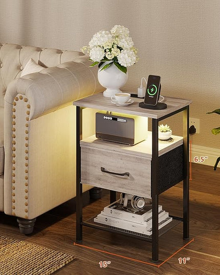 Night Stand Set 2, End Table with Charging Station, LED Bedside Table with Fabric Drawer for Bedroom, 3-Tier Side Table with Open Shelf, Greige - LeafyLoom