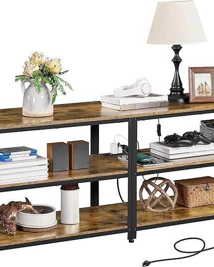 Yaheetech TV Stand with Power Outlet, Industrial TV Stand for 75 Inch TVs, Media TV Console Table with Open Storage Shelves for Living Room, Rustic Brown - LeafyLoom