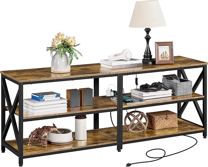 Yaheetech TV Stand with Power Outlet, Industrial TV Stand for 75 Inch TVs, Media TV Console Table with Open Storage Shelves for Living Room, Rustic Brown - LeafyLoom