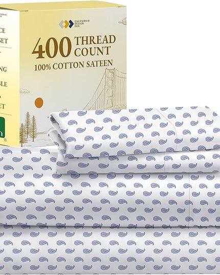 California Design Den Paisley Sheets for Full Size Bed, 4 Pc 100% Cotton Sheets Set Luxury 400 Thread Count Sateen, Deep Pockets (Paisley Blue) - LeafyLoom