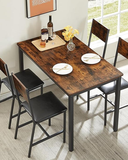 Dining Table Set for 4, Industrial Metal Wood 47.2" Kitchen Dining Table with 4 Upholstered PU Leather Chairs, Indoor Modern Furniture Set for Dining Room, Dinette, Breakfast Nook, Rustic Brown - LeafyLoom