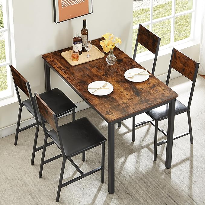 Dining Table Set for 4, Industrial Metal Wood 47.2" Kitchen Dining Table with 4 Upholstered PU Leather Chairs, Indoor Modern Furniture Set for Dining Room, Dinette, Breakfast Nook, Rustic Brown - LeafyLoom