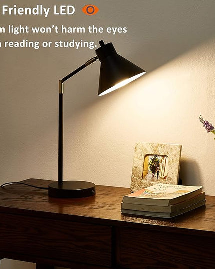 LED Desk Lamp with USB Charging Port, 100% Metal Lamp, 270° Flexible Swivel Arms, Soft White LED Reading Light (2700K), Bedside Reading Lamp, Office Lamp, Table Lamp, UL Listed (Black) - LeafyLoom
