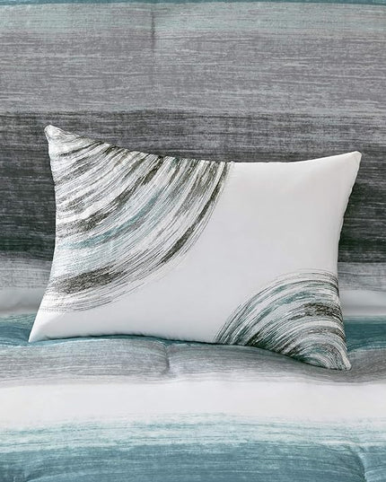 Madison Park Essentials Twin Comforter Set, Bed in a Bag Twin, Watercolor Print Coastal Comforter & Chambray Cotton Sheet Set, All Season Bedding Set, Saben, Aqua Twin (68 in x 86 in) 7 Piece - LeafyLoom