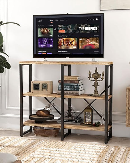 3 Tier Solid Real Wood Bookshelf Rustic Industrial Style, Wooden Storage Shelves Etagere Bookcase Book Shelf Display Shelf for Home Office - LeafyLoom