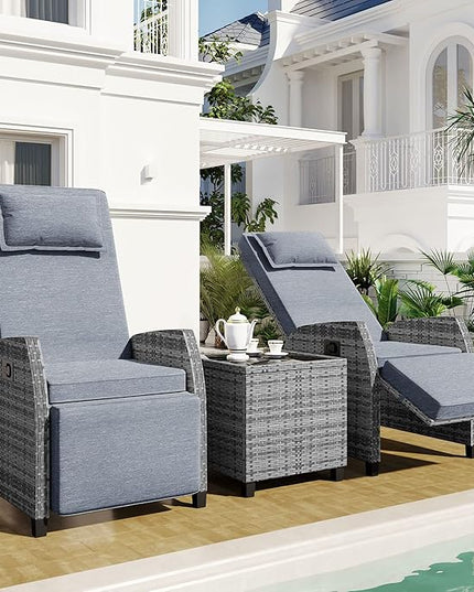 Patio Furniture Sets 3 Piece Outdoor, PE Wicker Rattan 2-Person ConversationSets with Adjustable Backrest Recliner Lounge Chairs and Coffee Table, Comforty Cushions, for Lawn Balcony, Gray - LeafyLoom