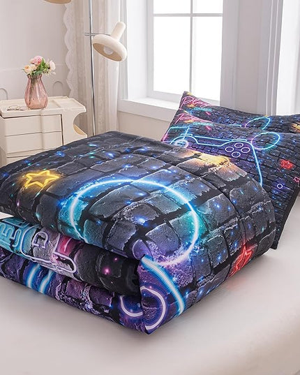 Full Size Comforter Set for Boys, Gamer Bedding Set, 3 Pieces, Gamepad 06, Polyester, All Seasons, Machine Wash - LeafyLoom