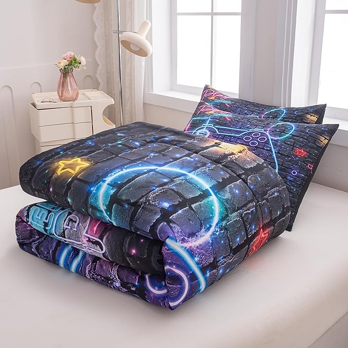 NINENINE Gamer Bedding Sets for Boys 5PCS Full Size Gaming Comforter Bed in A Bag Gamer Contoller Video Kids Teens Gamer Comforter Sets (1Comforter, 1Flat Sheet, 1Fitted Sheet, 2Pillowcases) - LeafyLoom
