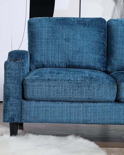 77.36" Modern Chenelle Polyester Sectional Sofa,L-Shaped Couch with Storage Ottoman,3 Seat Interior Furniture W/Pockets and Both Armrests Contain Cup Holders,for Dorm,Apartment,Teal - LeafyLoom