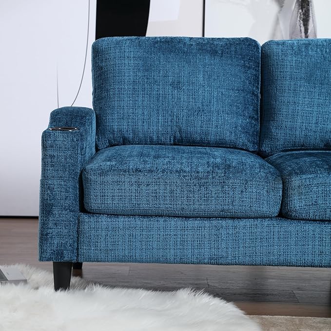 77.36" Modern Chenelle Polyester Sectional Sofa,L-Shaped Couch with Storage Ottoman,3 Seat Interior Furniture W/Pockets and Both Armrests Contain Cup Holders,for Dorm,Apartment,Teal - LeafyLoom