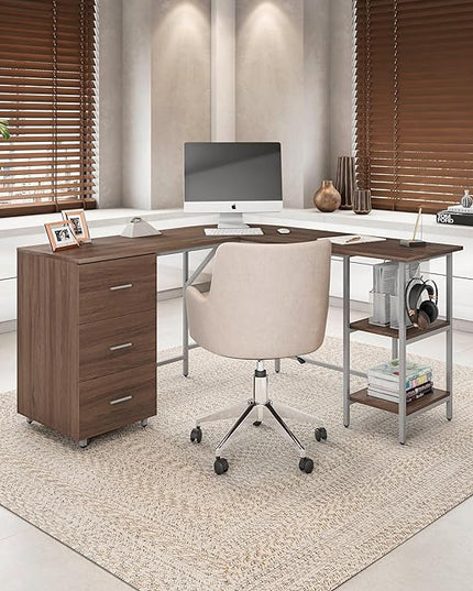 Techni Mobili L Shaped Desk - Two-Toned Computer Desk with Drawers & Storage Shelves - Simple Modern Furniture & Home Office Space Corner Table for Work & Writing - LeafyLoom