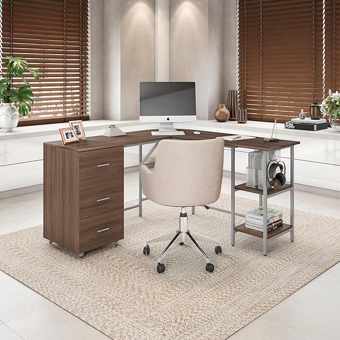 Techni Mobili L Shaped Desk - Two-Toned Computer Desk with Drawers & Storage Shelves - Simple Modern Furniture & Home Office Space Corner Table for Work & Writing - LeafyLoom
