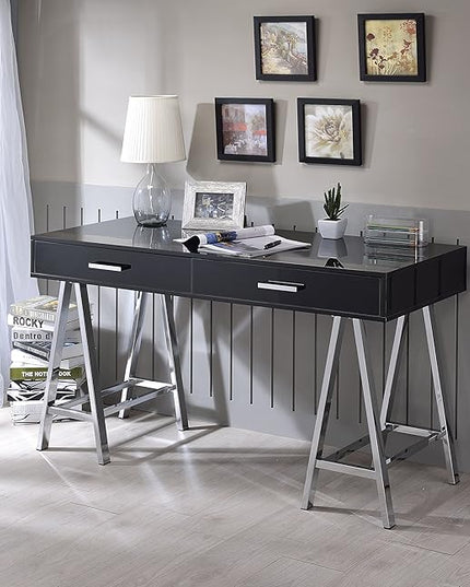 Acme Coleen 2-Drawer Metal Home Office Desk in Black and Chrome - LeafyLoom
