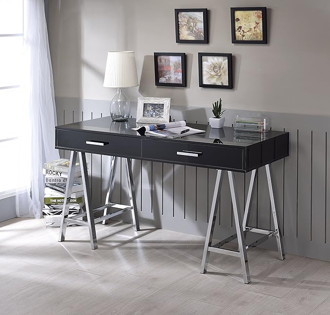 Acme Coleen 2-Drawer Metal Home Office Desk in Black and Chrome - LeafyLoom