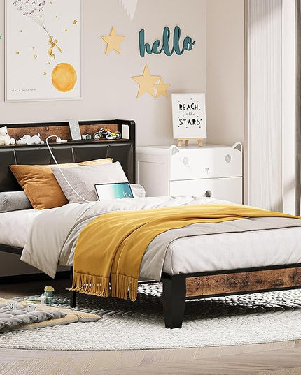LIKIMIO Twin Bed Frame, Storage Headboard with Charging Station, Solid and Stable, Noise Free, No Box Spring Needed, Easy Assembly (Vintage and Black) - LeafyLoom