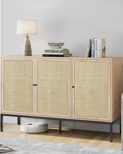 Brafab Rattan Cabinet Storage Sideboard Buffet Table Accent Console for Living Room Entryway Kitchen Dining Room 3 Doors - LeafyLoom