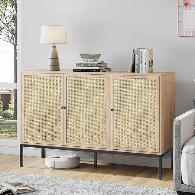 Brafab Rattan Cabinet Storage Sideboard Buffet Table Accent Console for Living Room Entryway Kitchen Dining Room 3 Doors - LeafyLoom