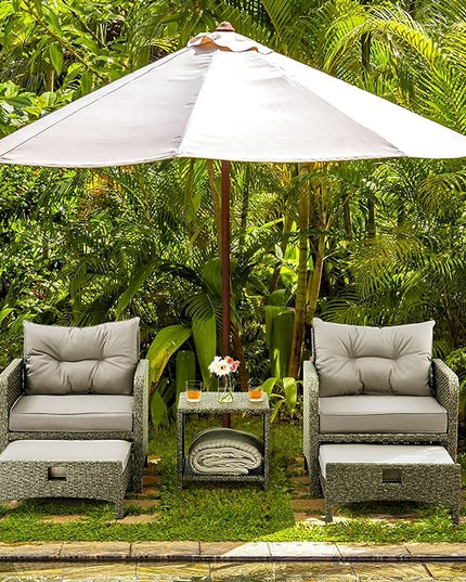 Pamapic 5 Pieces Outdoor Patio Wicker Chairs Set with Ottoman .Outside Conversation Furniture set with Cushions and Coffee for Balcony Porch Lawn Garden Table(Grey Cushion+Light Grey Rattan) - LeafyLoom