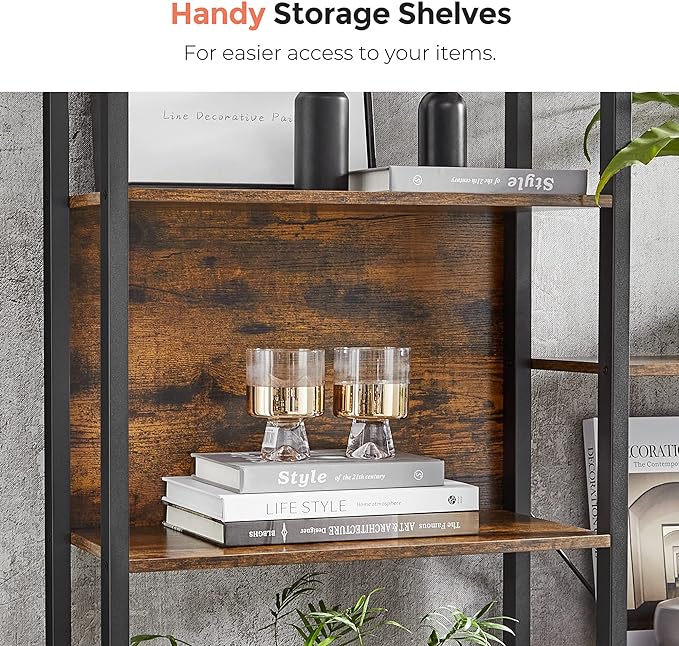 VASAGLE 5-Tier Bookcase with 14 Shelves, Book Shelf with Metal Frame, Bookshelf for Living Room, Home Office, Industrial Style, 9.4 x 62.2 x 65.4 Inches, Rustic Brown and Black ULLS107B01 - LeafyLoom