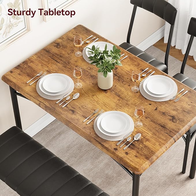 GAOMON Dining Table Set for 4, Kitchen Table with Upholstered Chairs and Bench, 4-Person Dining Room Table Set, Rectangular Kitchen Table Set for Small Space, Apartment, Home, Studio, Rustic Brown - LeafyLoom