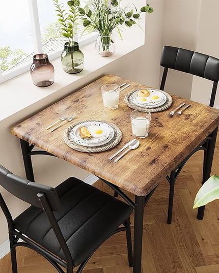 IDEALHOUSE Dining Table Set, Kitchen Table and Chairs for 2, Metal and Wood Square Dining Room Table Set with 2 Upholstered Chairs, 3 Piece Dining Table Set for Small Space, Apartment, Rustic Brown - LeafyLoom