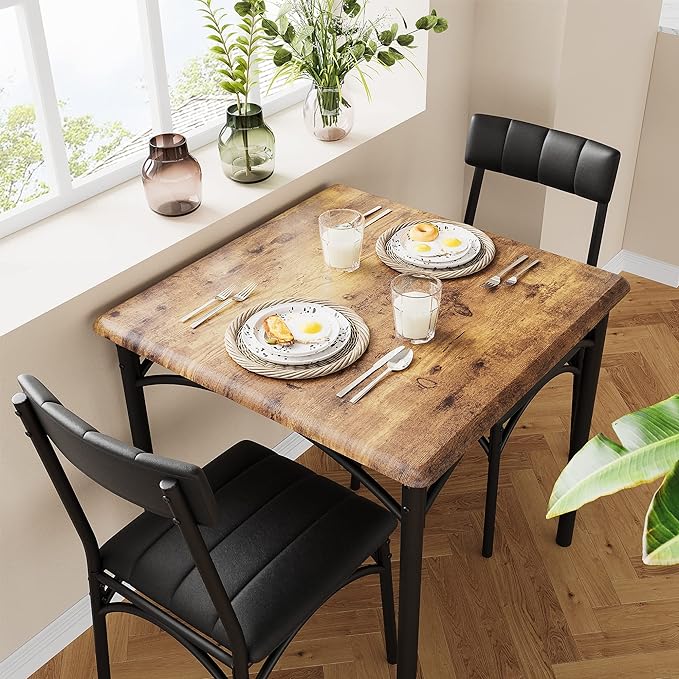 IDEALHOUSE Dining Table Set, Kitchen Table and Chairs for 2, Metal and Wood Square Dining Room Table Set with 2 Upholstered Chairs, 3 Piece Dining Table Set for Small Space, Apartment, Rustic Brown - LeafyLoom