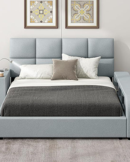 Queen Size PU Leather Upholstered Platform Multimedia Nightstand and Storage Shelves,Bedroom Solid Wood Bed Frame W/Bluetooth Speakers,Charging Station,Light,for Girls,Boys,Gray - LeafyLoom