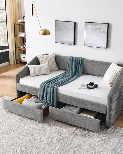 Linen Upholstered Twin Size Daybed with Two Storage Trundle Drawers, Solid Wood Tufted Sofa Bed Frame for Bedroom, Guest Room, Dorm, No Box Spring Needed, Space-Saving Design, Grey - LeafyLoom