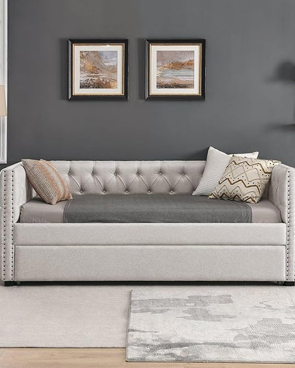 Size Linen Upholstered Daybed with Twin Trundle, Solid Wooden Bed Frame w/Button Tufted and Copper Nail on Square Arms, No Spring Box Need, for Kids, Bedroom, Dorm, Beige-4 - LeafyLoom