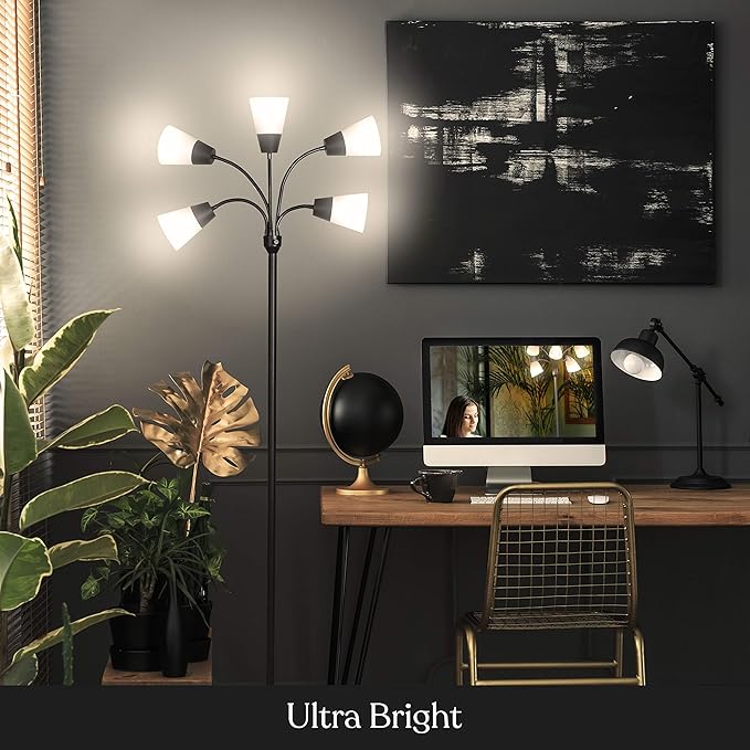 Brightech Medusa Modern LED Floor Lamp – Multi Head Floor Lamp for Living Rooms & Offices – Tall Lamp with Interchangeable Shade, Standing Lamp with 5 LED Bulbs for Hobbies - Black - LeafyLoom