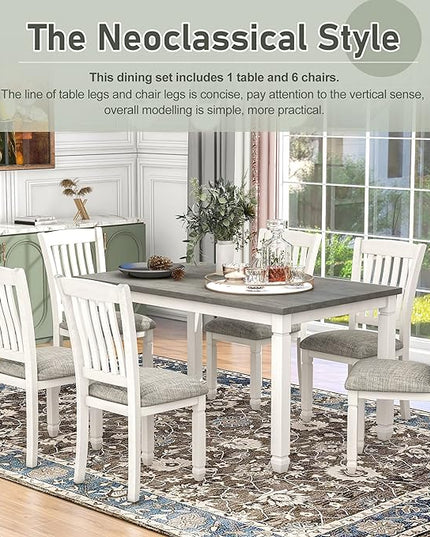 Dining Table Set for 6, Wood Kitchen Table and 6 Upholstered Chairs with Backrest, 7-Piece Kitchen Table and Chairs Set with Shaped Legs for Dining Room/Living Room, Grey+White - LeafyLoom