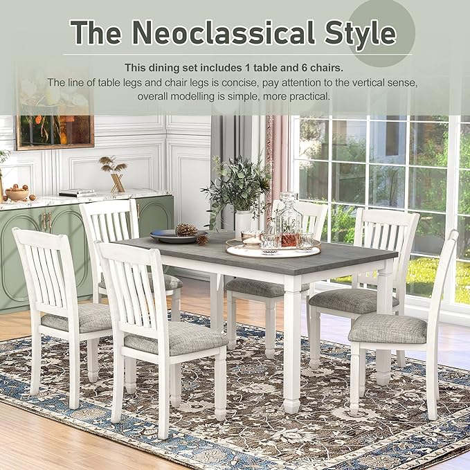 Dining Table Set for 6, Wood Kitchen Table and 6 Upholstered Chairs with Backrest, 7-Piece Kitchen Table and Chairs Set with Shaped Legs for Dining Room/Living Room, Grey+White - LeafyLoom