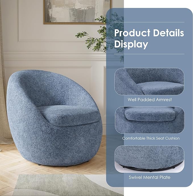Farini Swivel Accent Chair,Swivel Barrel Chair, Comfy Oversized Round Accent Chair for Living Room Bedroom(Blue) - LeafyLoom