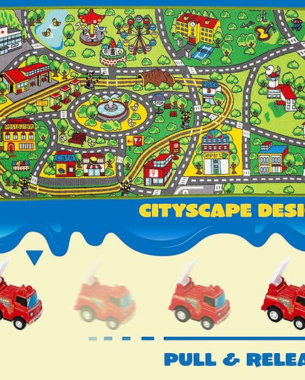 JOYIN Carpet Playmat w/ 12 Cars Pull-Back Vehicle Set for Kids Age 3+, Jumbo Play Room Rug, City Pretend Play - LeafyLoom