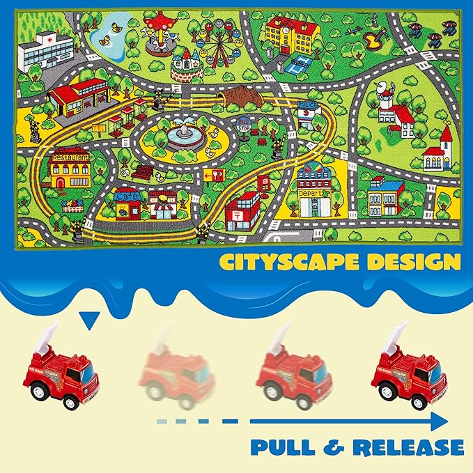 JOYIN Carpet Playmat w/ 12 Cars Pull-Back Vehicle Set for Kids Age 3+, Jumbo Play Room Rug, City Pretend Play - LeafyLoom