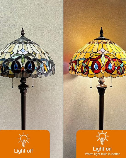Capulina Tiffany Floor Lamp 2-Light 16x16x63 Inches Antique Victorian Cream Brown Style Stained Glass Industrial Dark Bronze Pole Standing Reading Light for Living Room Bedroom Home Office - LeafyLoom