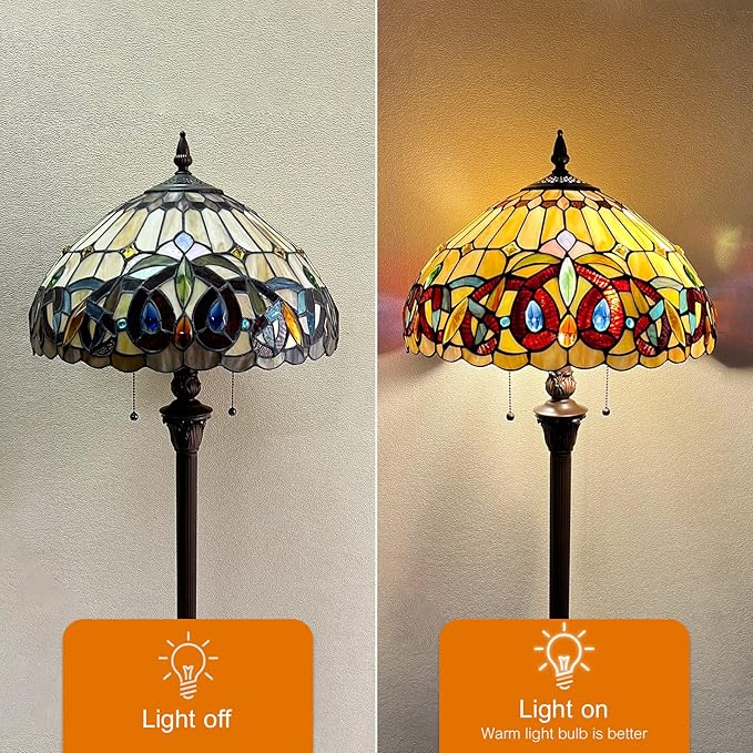Capulina Tiffany Floor Lamp 2-Light 16x16x63 Inches Antique Victorian Cream Brown Style Stained Glass Industrial Dark Bronze Pole Standing Reading Light for Living Room Bedroom Home Office - LeafyLoom