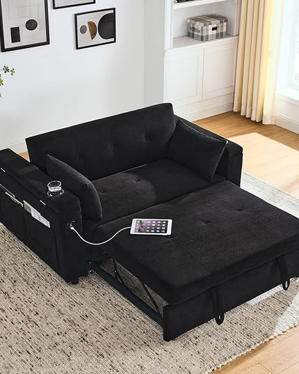 4 in 1 Multifunctional Convertible Loveseat Sleeper Sofa Bed,Soft Chenille Tufted Love Seats Sofabed W/Pull Out Sleep Couch,Armrests Storage,Cupholders,USB Ports,Pillows and Side Pockets - LeafyLoom