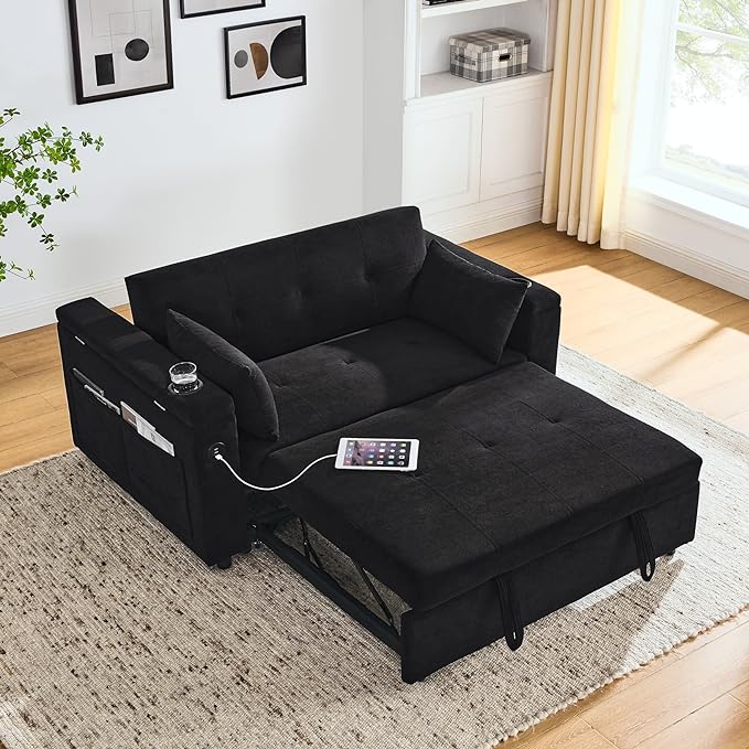 4 in 1 Multifunctional Convertible Loveseat Sleeper Sofa Bed,Soft Chenille Tufted Love Seats Sofabed W/Pull Out Sleep Couch,Armrests Storage,Cupholders,USB Ports,Pillows and Side Pockets - LeafyLoom