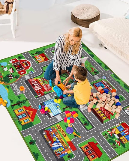Kids Carpet Playmat Rug 78.7"x59", Car Rug for Kids Cars, Non-Slip Town City Road Map Kids Rug for Playroom Bedroom Boys, Kids Car Mat Road Rug, Track Rug Car Play Rug for Kids (78.7X59 INCH) - LeafyLoom