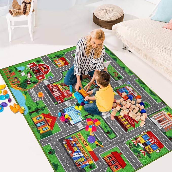 Kids Carpet Playmat Rug 78.7"x59", Car Rug for Kids Cars, Non-Slip Town City Road Map Kids Rug for Playroom Bedroom Boys, Kids Car Mat Road Rug, Track Rug Car Play Rug for Kids (78.7X59 INCH) - LeafyLoom