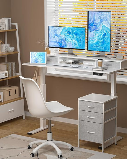 55 Inch Electric Standing Desk with Cabinet & Drawers, Height Adjustable Sit Stand Desk with Monitor Shelf, Smart Home Office Standing Computer Desk, White - LeafyLoom