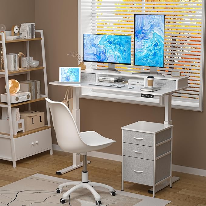 55 Inch Electric Standing Desk with Cabinet & Drawers, Height Adjustable Sit Stand Desk with Monitor Shelf, Smart Home Office Standing Computer Desk, White - LeafyLoom