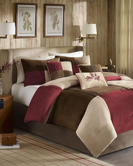 Madison Park Cozy Comforter Set Casual Design All Season, Matching Bed Skirt, Decorative Pillows, California King (104 in x 92 in), Jackson Blocks Red/Brown, 7 Piece - LeafyLoom