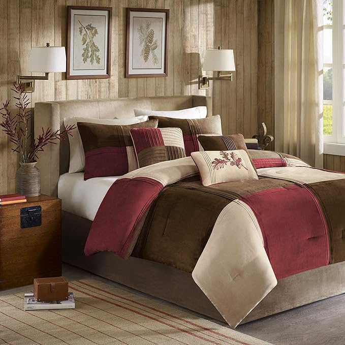 Madison Park Cozy Comforter Set Casual Design All Season, Matching Bed Skirt, Decorative Pillows, King (104 in x 92 in), Jackson Blocks Red/Brown, 7 Piece - LeafyLoom