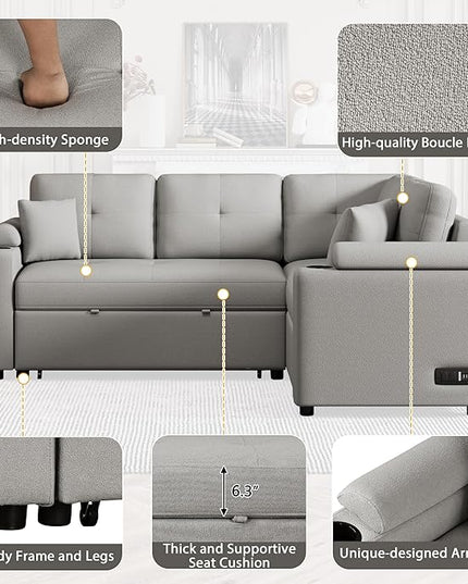 Boucle Upholstered Reversible Sleeper Sectional Sofa with Pull Out Bed , 3 Seater L Shaped Convertible Corner Couch with Cupholders&USB Ports, Power Sockets, Small Pullout Sofabed for Living Room - LeafyLoom