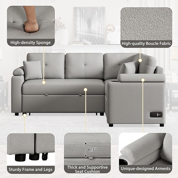 Boucle Upholstered Reversible Sleeper Sectional Sofa with Pull Out Bed , 3 Seater L Shaped Convertible Corner Couch with Cupholders&USB Ports, Power Sockets, Small Pullout Sofabed for Living Room - LeafyLoom